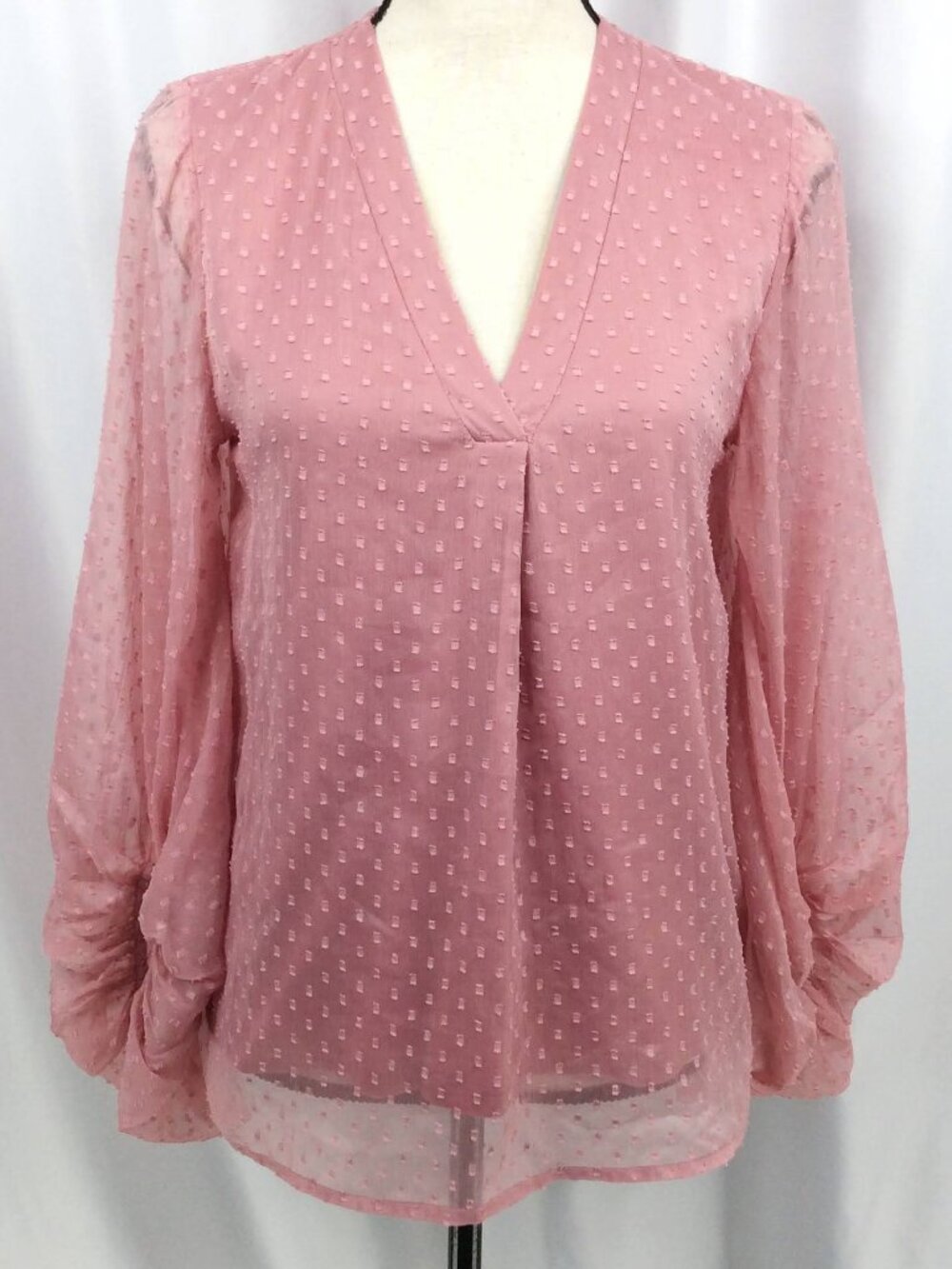 Panhandle Slim Top Women's Size‎ Small Pink Chiffon Clip Dot Puff Sleeve V-Neck